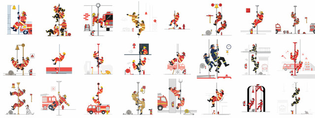 Firefighters Rapid Response Concept Set. Emergency workers sliding down the fire pole to start their duty, featuring trucks, hoses, and station equipment. © Sabiqul