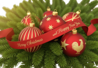 Festive red christmas ornaments with rooster and merry christmas ribbon isolated on transparent background