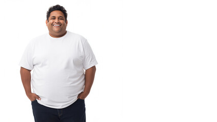 Happy plus size Indian man in plain white t-shirt and jeans, with hands in pocket pose, isolated on a clean white background.