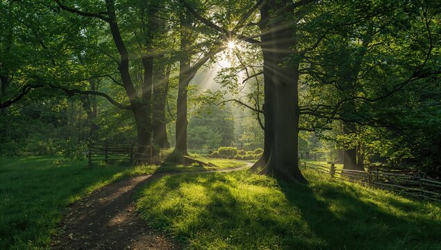 A serene forest scene featuring tall trees and vibrant grass, inviting exploration and a sense of tranquility