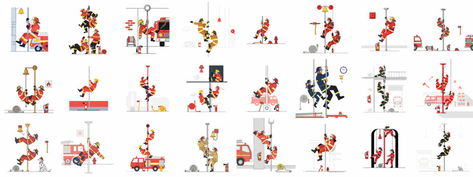 Firefighters Rapid Response Concept Set. Emergency workers sliding down the fire pole to start their duty, featuring trucks, hoses, and station equipment.