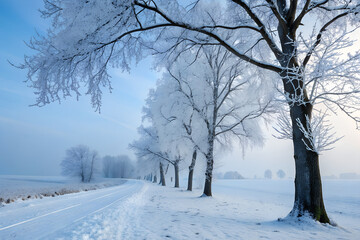Winter Landscape with Row of Frost Covered Trees Along Snowy Road under Blue Sky - Beautiful Cold Frozen Rural Scenery and Nature Background