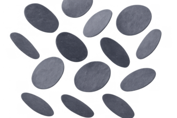 Oval gray pebbles floating, abstract stone elements on transparent background, natural geology texture pattern