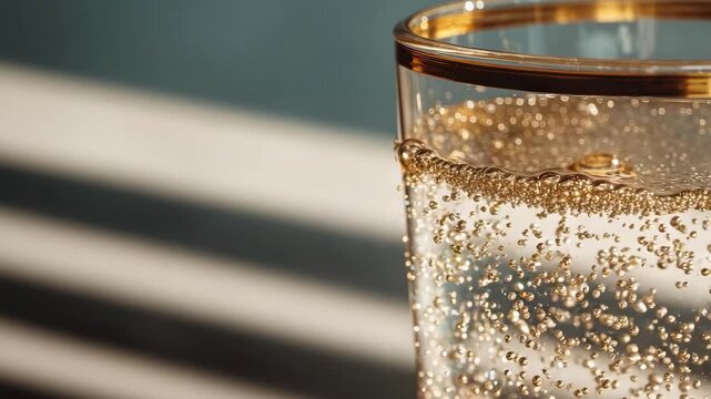 Close-up of a gold-rimmed glass of carbonated water with bubbles rising.