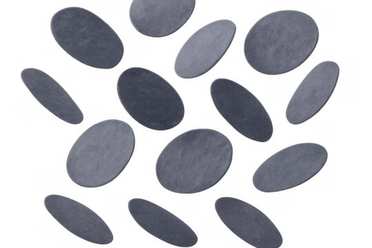 Oval gray pebbles floating, abstract stone elements on transparent background, natural geology texture pattern