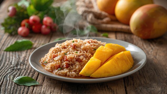 Delicious rice and mango served on a wooden surface, fiber-dense choice - Powered by Adobe