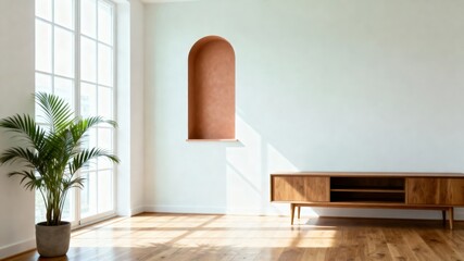 Interior Minimalist Livingroom Wood Terracotta Accent 4K Commercial Render AI
