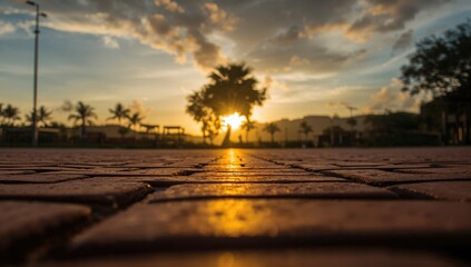Detailed view of a brick pathway illuminated by sunset reflections in a public park, highlighting seasonal change