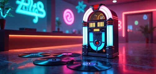 Retro jukebox with vinyl records in a neon lit nightclub. Colorful lights and vintage vibe create atmosphere for 80s music party. Dynamic scene.