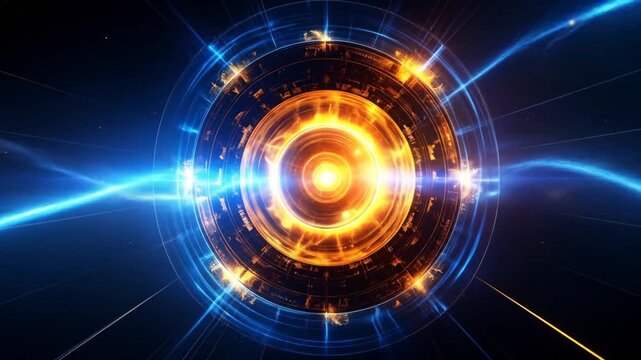 Glowing circular energy pattern with intricate detail and vibrant blues and oranges against a dark background