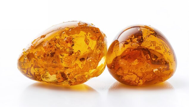 Unique amber specimens on a white backdrop, highlighting natural beauty and preservation