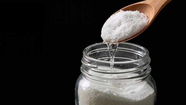 Monosodium glutamate is transferred from a glass jar into a wooden spoon, highlighting its role as a flavor enhancer, E621 awareness.