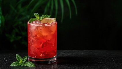 Red alcoholic cocktail with bitter notes, whiskey, soda, lime, mint and ice, refreshing beverage choice