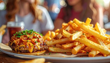 Gourmet Cheeseburger with Caramelized Onions and a Side of Golden French Fries on a White Plate with Out of Focus Diners in the Background