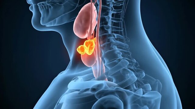 Medical Visualization Of The Human Thyroid Gland Showing Enlarged Parathyroid Glands In Orange With A Blue X Ray Outline Of The Neck And Upper Torso Against A Dark Blue Background