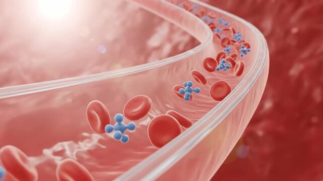 Microscopic view of red blood cells and glucose molecules flowing through a transparent artery with soft backlighting and a blurred red background creating a medical and scientific atmosphere
