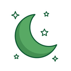 Dreamy green crescent moon and stars evoking peace and tranquility, ideal for spiritual themes, Ramadan designs, and creating a calming atmosphere