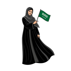 Celebrate Saudi Arabia National Day with this joyful woman waving the Saudi flag, perfect for cultural events, patriotic campaigns, and holiday promotions