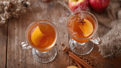 Two glasses filled with apple cider on a wooden tabletop, warm drink option for cold weather