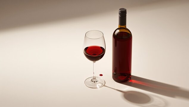 Red wine glass and bottle casting shadows on a white backdrop, suitable for editorial use