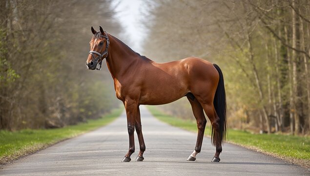 Portrait of a chestnut showjumping budyonny stallion in bridle, standing on a forest road, showcasing athleticism in summer light