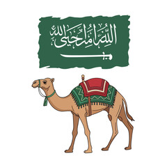 Illustrative camel against Saudi Arabia flag backdrop for cultural projects, tourism promotion, or educational purposes, offering a vibrant, authentic touch