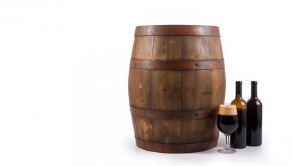 Wine stored in a wooden barrel against a white backdrop, ideal for showcasing beverage quality