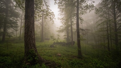 Fototapeta premium Misty mountain forest enveloped in clouds, erosion risk