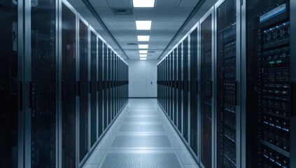 Data center room featuring rows of server equipment, operational efficiency