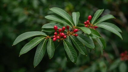 Fototapeta premium Red shoots of Syzygium myrtifolium, featuring upright growth and smooth young red leaves, showcasing seasonal change