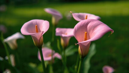 Cala lilies blooming in the garden, vibrant floral display, seasonal beauty