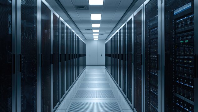 Data center room featuring rows of server equipment, operational efficiency