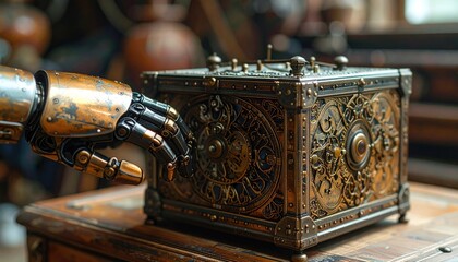 Intricate antique ornate treasure chest with steampunk robot hand reaching out in a dimly lit vintage room with warm lighting