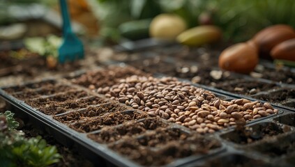 Seeds arranged in seedling trays, promoting home gardening and plant growth