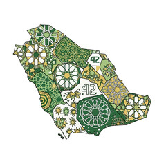 Saudi Arabia map art with geometric patterns in green and gold, modern vector design perfect for travel brochures and cultural marketing materials