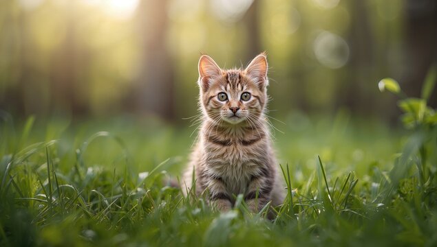 A cat resting on vibrant green grass, a scene of relaxation and tranquility