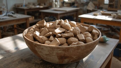 Clay remnants in a bowl within an art studio, highlighting creative process