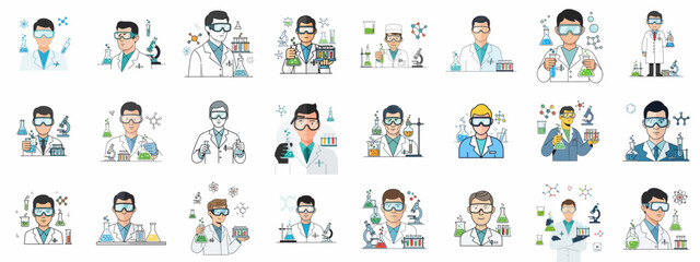 Naklejka premium Science and Chemistry Lab Worker Avatars Vector Illustration Set. Researchers in lab coats holding test tubes and flasks with molecules and microscopes.