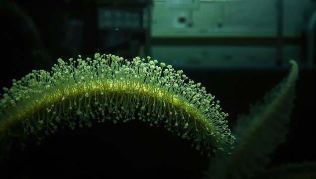 Close-up of Spirogyra green algae under dark field microscopy highlighting culture sample