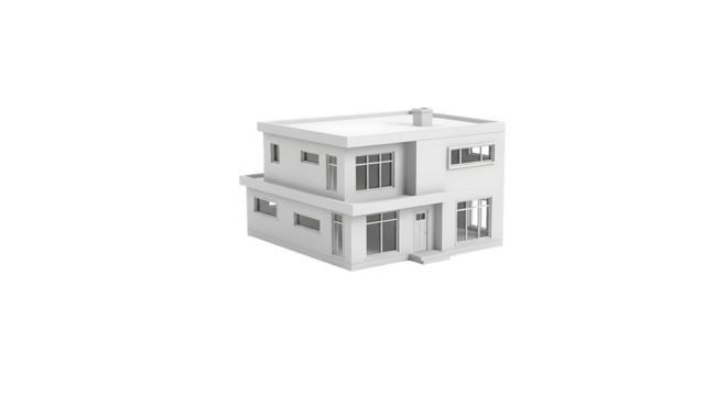 White modern two story house with large windows and chimney isolated on a transparent background