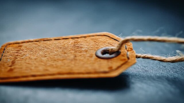 Close-up of a textured brown paper tag with a twine string on a dark background