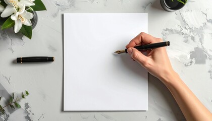 A hand holding a fountain pen poised over a blank sheet of paper on a textured desk, surrounded by flowers and stationery, ideal for writing, creativity, and workspace themes.