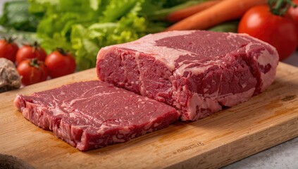 Raw beef on a chopping board with vegetables, protein-rich meal