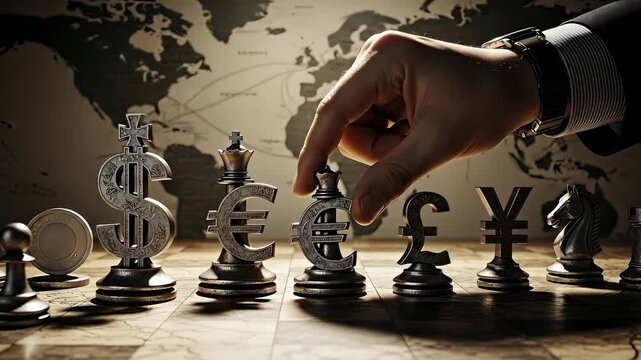 Strategic Financial Game With Currency Symbols As Chess Pieces On A World Map Background