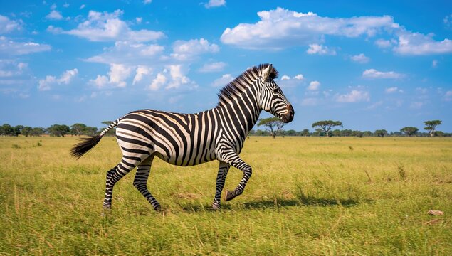 Plains zebra running across grassy terrain, showcasing the beauty of wildlife movement - Powered by Adobe