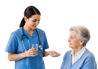 Caregiver Offering Medication to Elderly Woman – Compassionate, Professional Moment of Healthcare and Trust

