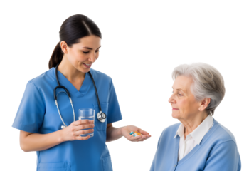 Caregiver Offering Medication to Elderly Woman – Compassionate, Professional Moment of Healthcare and Trust