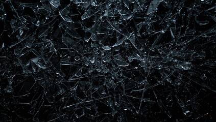 Shattered glass on a dark backdrop, risk of injury from sharp fragments