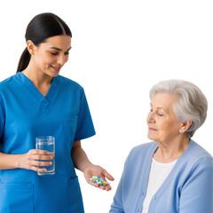 Caregiver Offering Medication to Elderly Woman – Compassionate, Professional Moment of Healthcare and Trust


