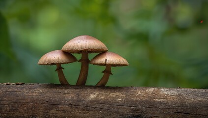 Three brown mushrooms growing on a log, highlighting the theme of forest biodiversity
